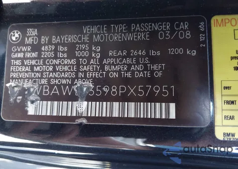 2008 BMW 335I z USA, uszkodzony, nr VIN WBAWL73598PX57951